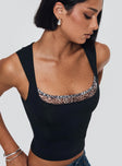 side view of model wearing Princess Polly Xandi Top Black Leopard Sleeveless Square Neck 