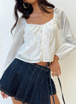 front view of model wearing Princess Polly Maxime Long Sleeve Top White Full Sleeves Square Neck 