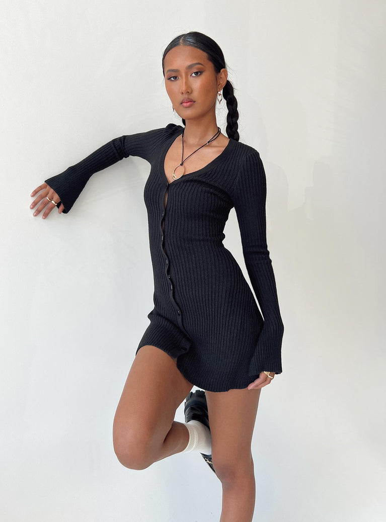 front view of model wearing Princess Polly Waldin Long Sleeve Mini Dress Black V-Neck 