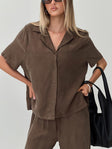 front view of model wearing Princess Polly Tranquilis Shirt Brown Half Sleeves V-Neck 