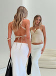 back view of model wearing Princess Polly Hopelessly Devoted Top Beige Sleeveless Plunger 