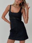 front view of model wearing Princess Polly Rautha Denim Mini Dress Black Square Neck 