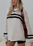 front view of model wearing Princess Polly Mystique Knit Sweater Cream Long 