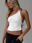 back view of model wearing Princess Polly Buckled Down One Shoulder Top White Sleeveless Asymmetric Neckline 