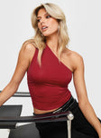 front view of model wearing Princess Polly Annem One Shoulder Top Red Sleeveless Asymmetric Neckline 