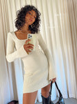 Front view of model wearing  front Princess Polly High Neck  Brownhall Long Sleeve Mini Dress Beige