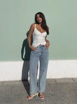 Front view of model wearing  front Princess Polly High Waisted  Ollie Straight Leg Jean Light Wash Denim