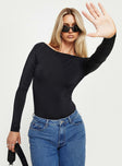 front view of model wearing Princess Polly Gatewood Long Sleeve Bodysuit Black Tall Full Sleeves Boat Neck 