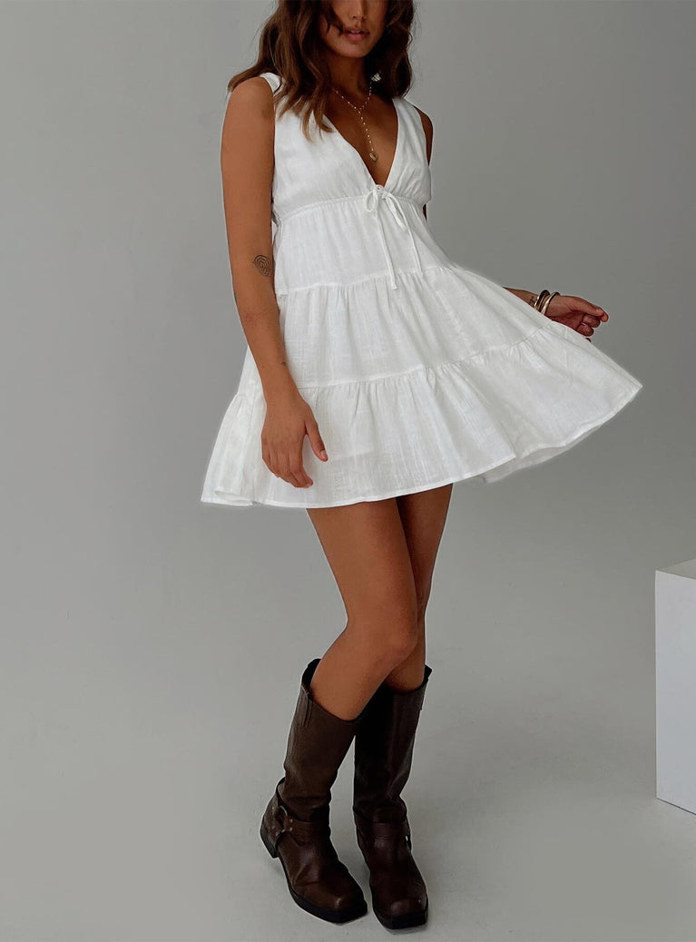 front view of model wearing Princess Polly Dipsie Mini Dress White Plunger 