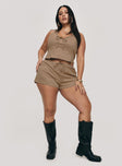 front view of model wearing Princess Polly Eternal Youth Faux Suede Short Taupe Curve High Waisted Shorts 