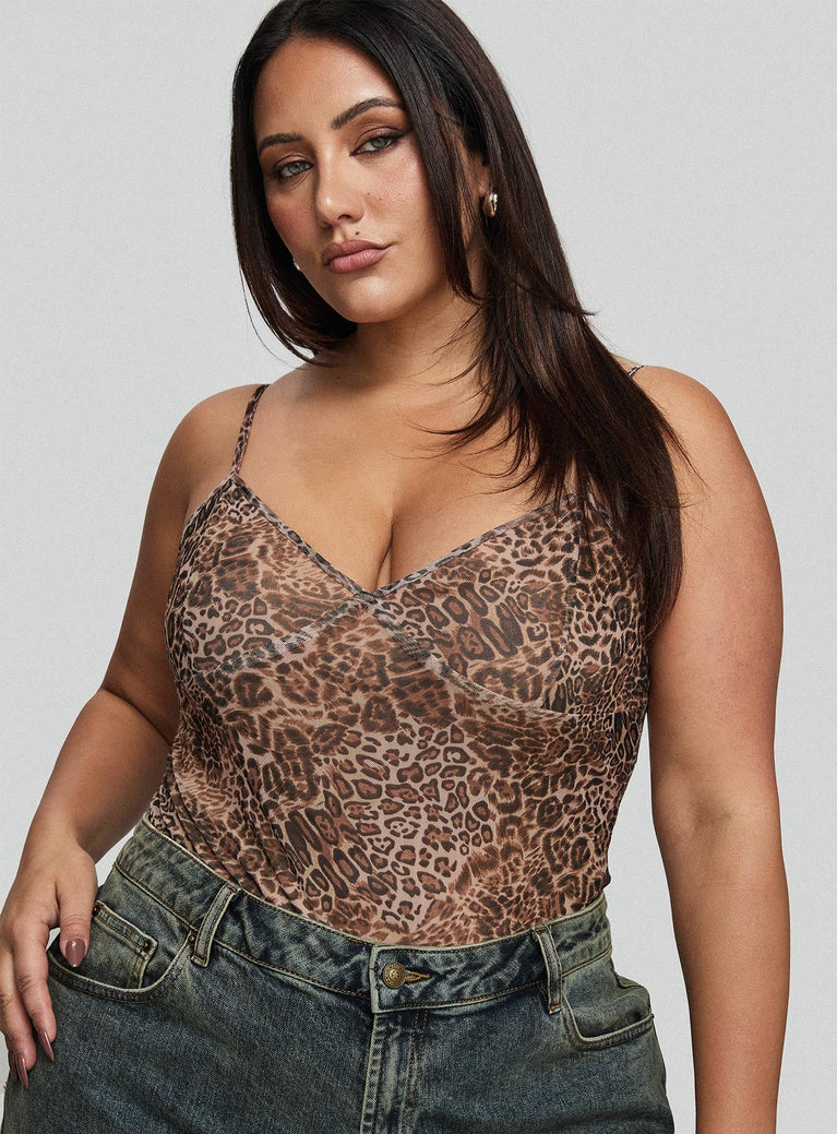 front view of model wearing Princess Polly Elixia Bodysuit Leopard Curve Sleeveless 