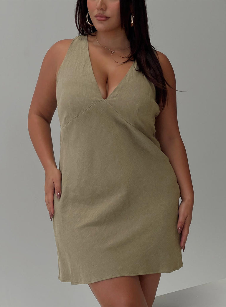 front view of model wearing Princess Polly Portillo Linen Blend Mini Dress Olive Curve Plunger 