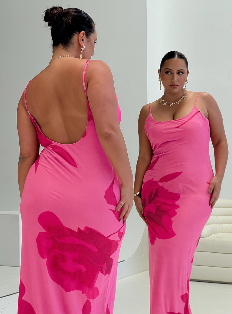 back view of model wearing Princess Polly Knox Maxi Dress Hot Pink Floral Curve Scoop Neck 