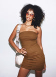 front view of model wearing Princess Polly Emmaline Strapless Mini Dress Brown Square Neck 