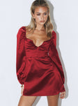 Front view of model wearing  front Princess Polly Scoop Neck  Della Long Sleeve Mini Dress Burgundy