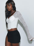 Front view of model wearing  front Princess Polly Full Sleeves Square Neck  Purnell Long Sleeve Lace Top Ivory