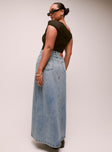 back view of model wearing Princess Polly McGuane Denim Midi Skirt Petite Maxi 