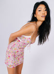 side view of model wearing Princess Polly Emilee Mini Dress Pink Floral Sweetheart Neckline 