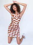 front view of model wearing Princess Polly Bliss Mini Dress Brown Multi 