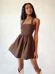 side view of model wearing Princess Polly Rhea Mini Dress Brown Square Neck 