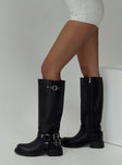 Black riding boots Low block heel, closed pointed toe, silver toned hardware