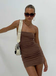 Front view of model wearing  front Princess Polly Asymmetric Neckline  Oscar Mini Dress Brown