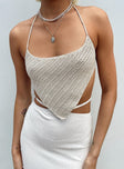 Front view of model wearing  front Princess Polly Sleeveless Square Neck  Vermont Top Beige