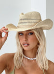 Cowboy hat Woven straw look  Adjustable drawstring Mouldable brim  Adjustable inner band 