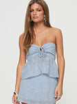 front view of model wearing Princess Polly Rosenberg Strapless Top Blue Sleeveless Sweetheart 