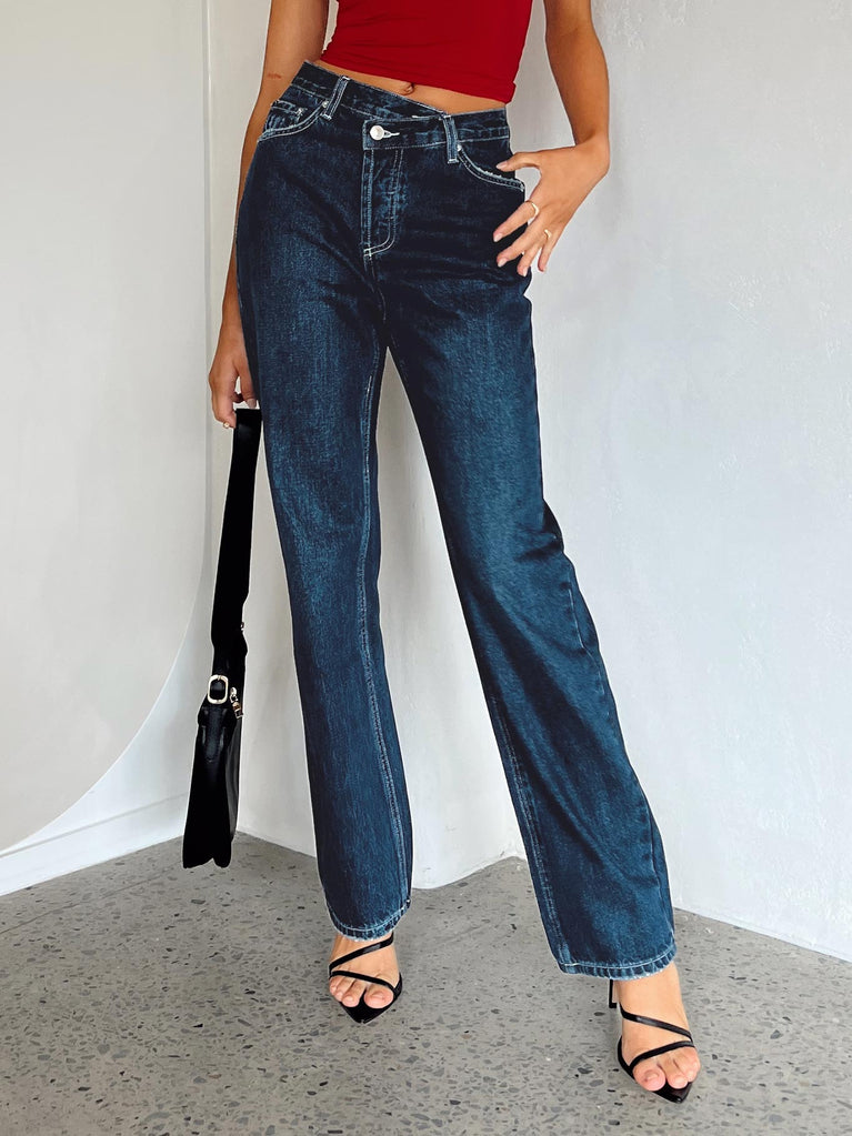 product Princess Polly Mid Rise  Holly Asymmetric Straight Leg Jean Dark Wash Denim