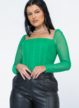 front view of model wearing Princess Polly Beverly Long Sleeve Top Green Full Sleeves Square Neck 