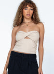 front view of model wearing Princess Polly Jaynee Strapless Top Beige Sleeveless Sweetheart 