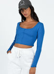 Front view of model wearing  front Princess Polly Full Sleeves Square Neck  Martye Long Sleeve Top Blue