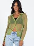 Front view of model wearing  front Princess Polly Full Sleeves V-Neck  Mariam Shirt Green