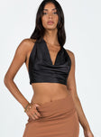 Front view of model wearing  front Princess Polly Sleeveless Cowl  Puzo Halter Top Black