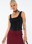 Front view of model wearing  front Princess Polly Sleeveless Square Neck  Lorinda Top Black