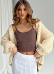 front view of model wearing Princess Polly Lester Knit Cardigan Cream Long 