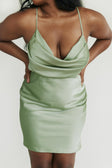 Front view of model wearing  front Princess Polly Cowl Neck Cowl Neck  Jemma Mini Dress Sage Curve