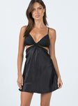 Front view of model wearing  front Princess Polly Asymmetric Neckline  Mathers Mini Dress Black