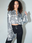 front view of model wearing Princess Polly Larry Crop Shirt Zebra 