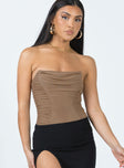 front view of model wearing Princess Polly Keanu Bodysuit Mocha Sleeveless Cowl 