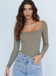 front view of model wearing Princess Polly Charlotte Bodysuit Khaki Full Sleeves Square Neck 