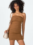 front view of model wearing Princess Polly Emmaline Strapless Mini Dress Brown Square Neck 