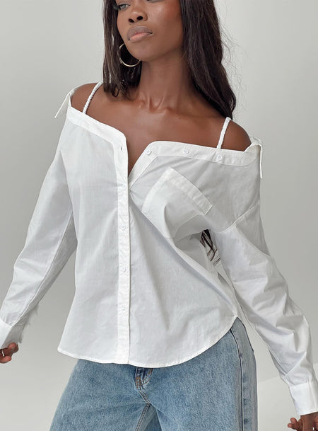 Long sleeve shirt Off-the-shoulder design, elasticated shoulder straps, classic collar, button fastening at front, twin button cuff