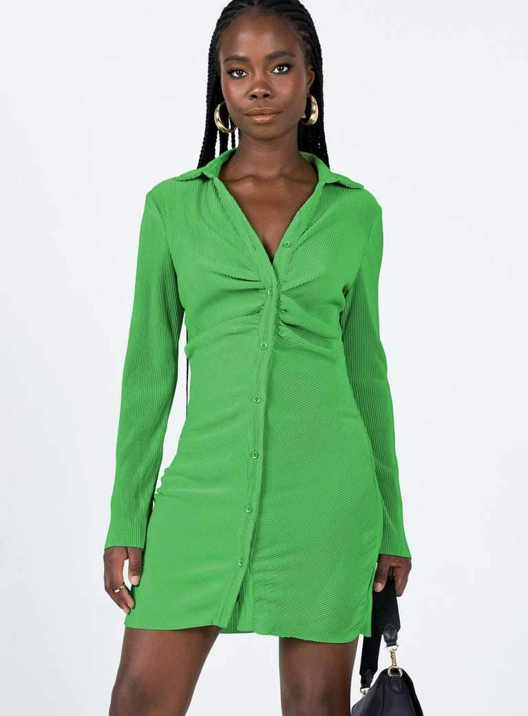 front view of model wearing Princess Polly Annemarie Mini Dress Green V-Neck 