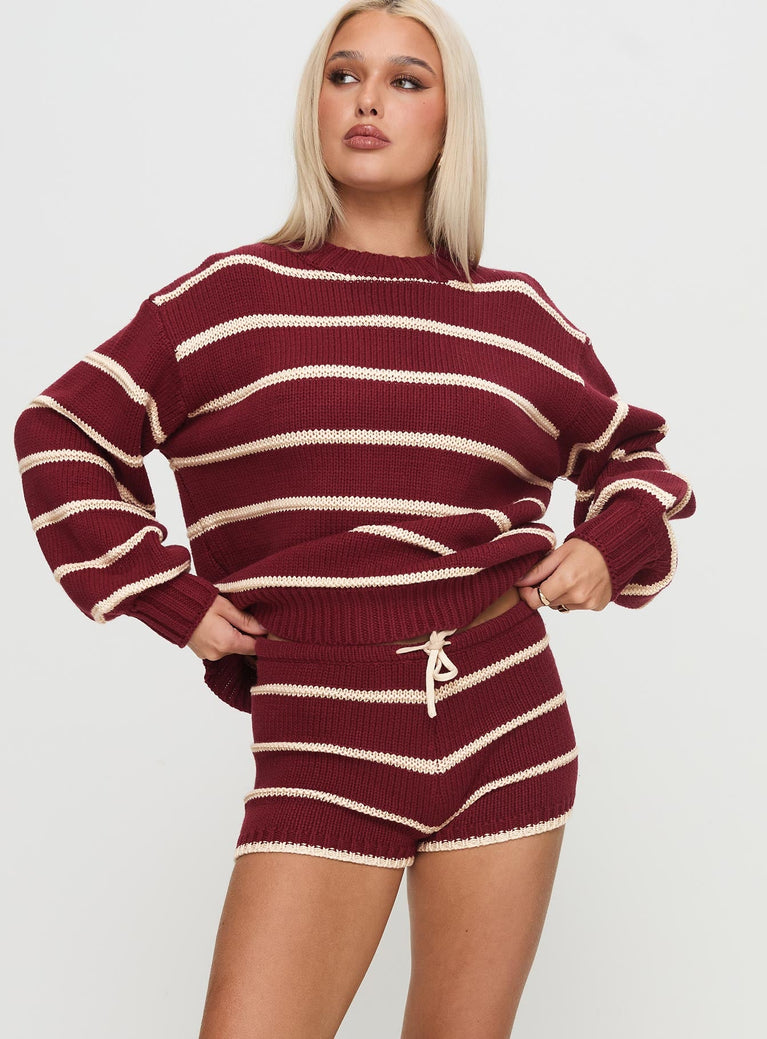 front view of model wearing Princess Polly Read Your Mind Knit Short Maroon Stripe High Waisted Shorts 