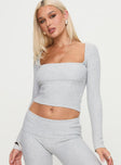 side view of model wearing Princess Polly Closed Eyes Long Sleeve Top Grey Full Sleeves Square Neck 