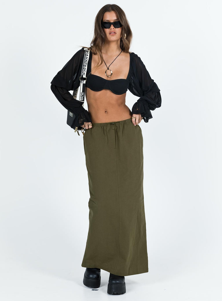 Front view of model wearing  front Geneve Maxi Skirt Olive Green Princess Polly  Maxi 