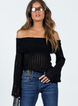 Front view of model wearing  front Princess Polly Full Sleeves Square Neck  Sorrel Off The Shoulder Top Black