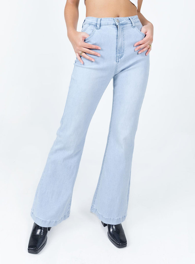 front view of model wearing Princess Polly Better With You Jeans Light Wash Denim High Waisted 